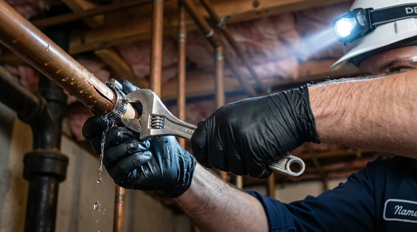 Emergency pipe clamp repair being performed by a Johns Plumbing LLC plumber in Mount Gilead