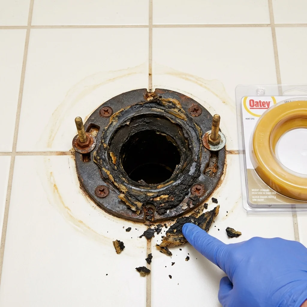 Failed wax ring showing water seepage at the base of a toilet in a Mount Gilead, OH home